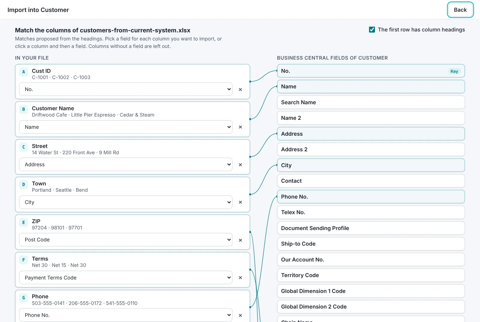 Matching the columns of a customer list from the customer's current system to the fields of Customer