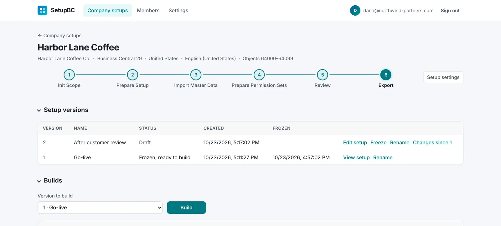 Export: version 1 Go-live frozen and built, with Download app and Download source code; version 2 a draft after the customer review