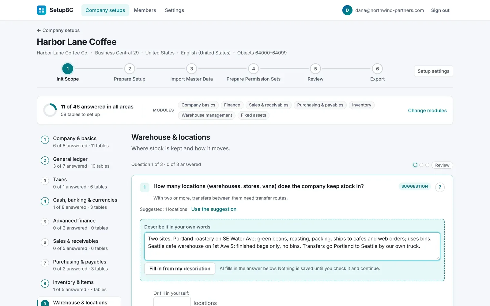 Init Scope: the question about locations answered in plain words, with the areas and their progress on the left